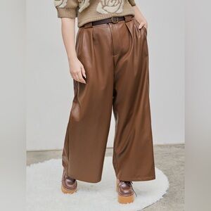 🤎 PU Leather Pleated Wide-Leg Pants – Size 1XL (Curve & Plus)